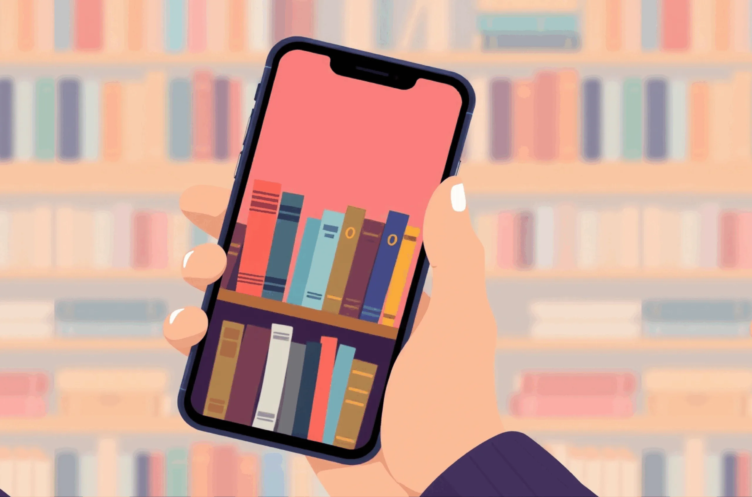 Person Holding Smartphone Featuring an eLearning Course Library Illustration