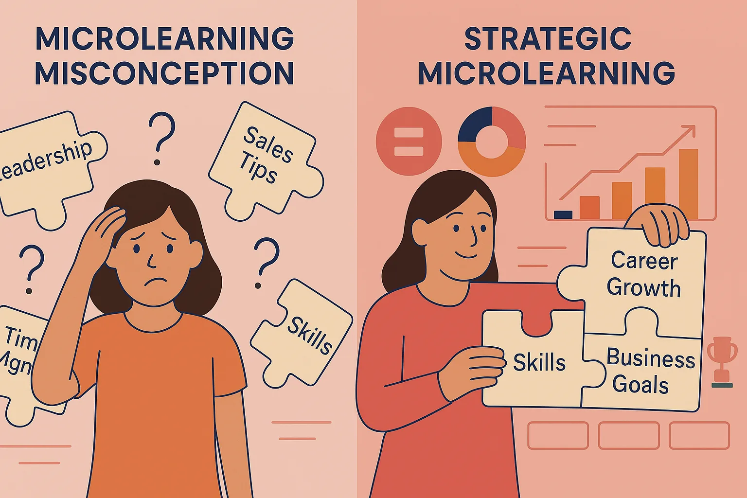 Split-screen illustration Showing Difference in Ineffective & Strategic Microlearning Platform