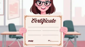 Digital illustration of a smiling young woman holding a certificate in an office setting, symbolizing professional certification. The image reflects the concept of credentialing in associations, as discussed in the blog about the legal risks of requiring membership for certification.