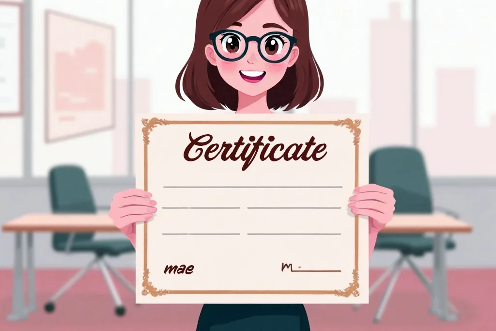 Digital illustration of a smiling young woman holding a certificate in an office setting, symbolizing professional certification. The image reflects the concept of credentialing in associations, as discussed in the blog about the legal risks of requiring membership for certification.