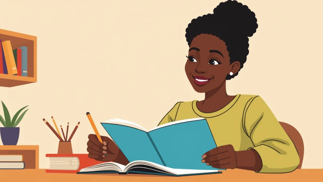 Woman smiling at desk with book and pencil in hand.