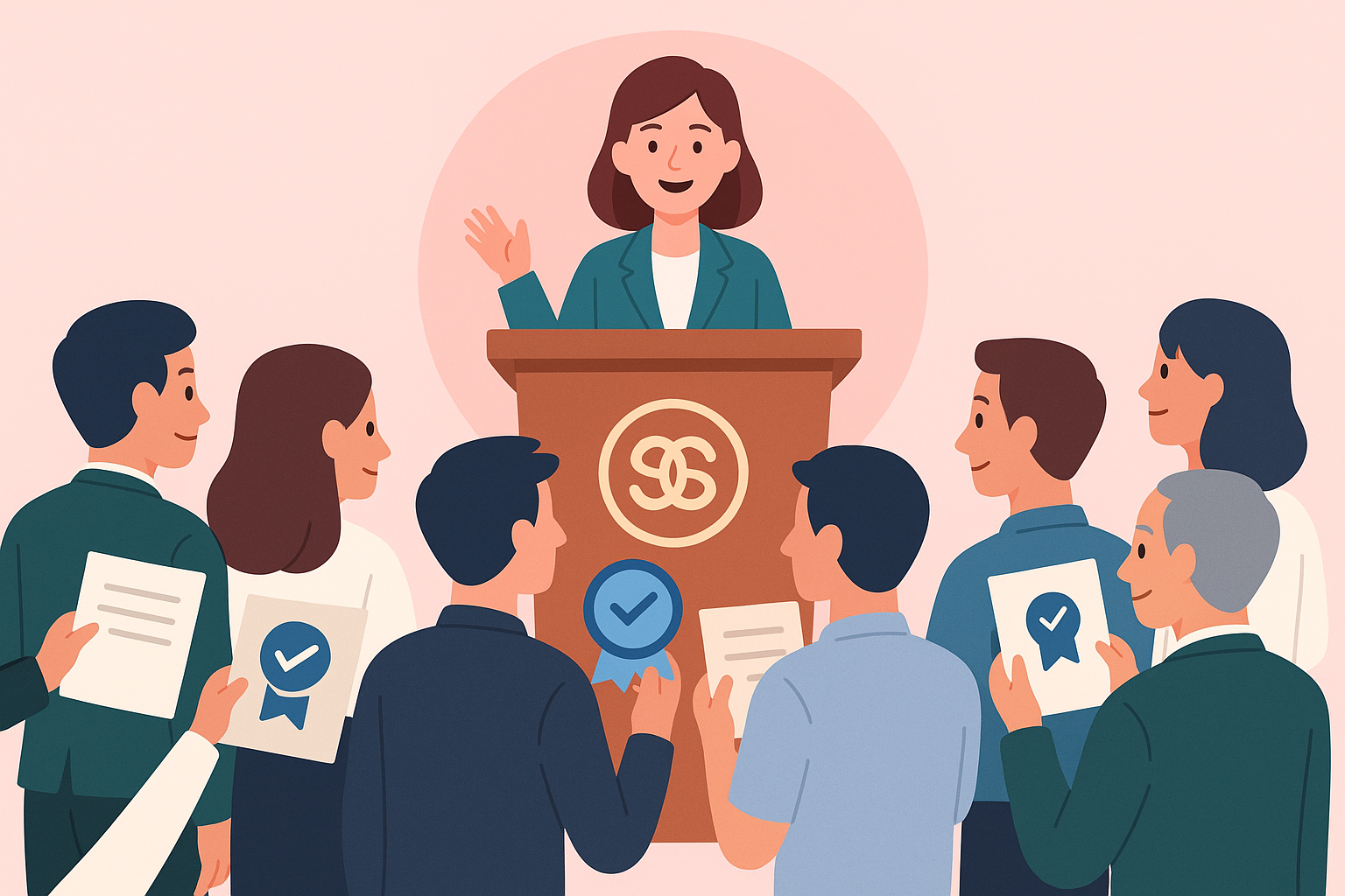 Illustration of a podium with an association logo, surrounded by an audience of professionals proudly holding digital badges and certificates.