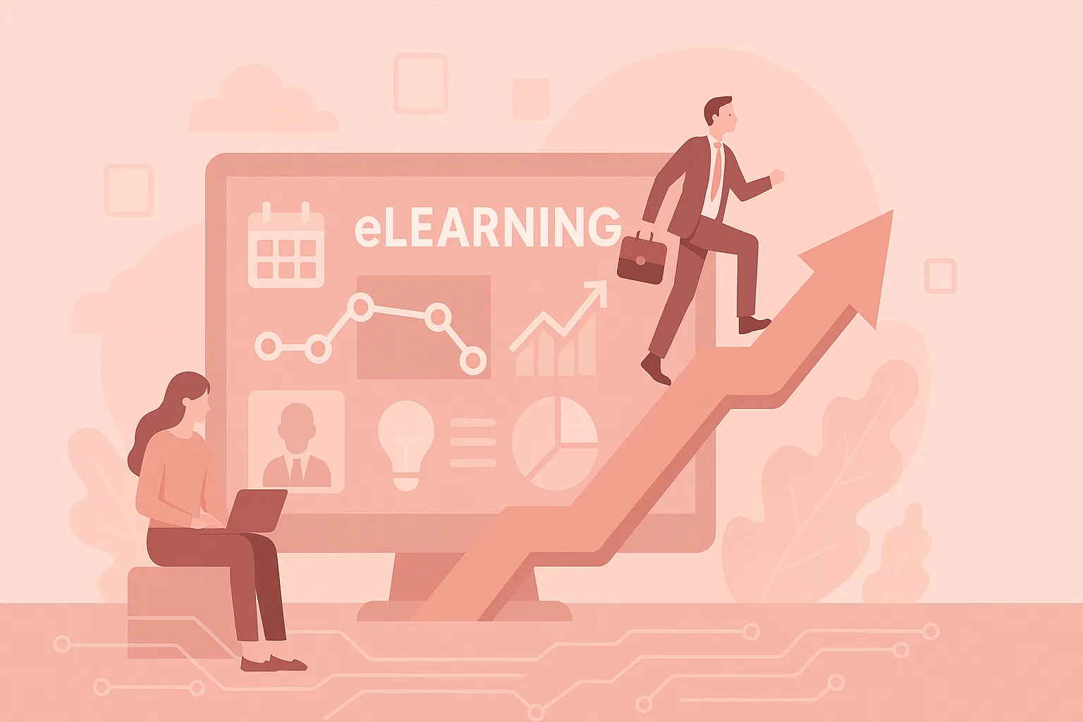 Man Climbing Upward Arrow with eLearning Program Development Dashboard Behind Him