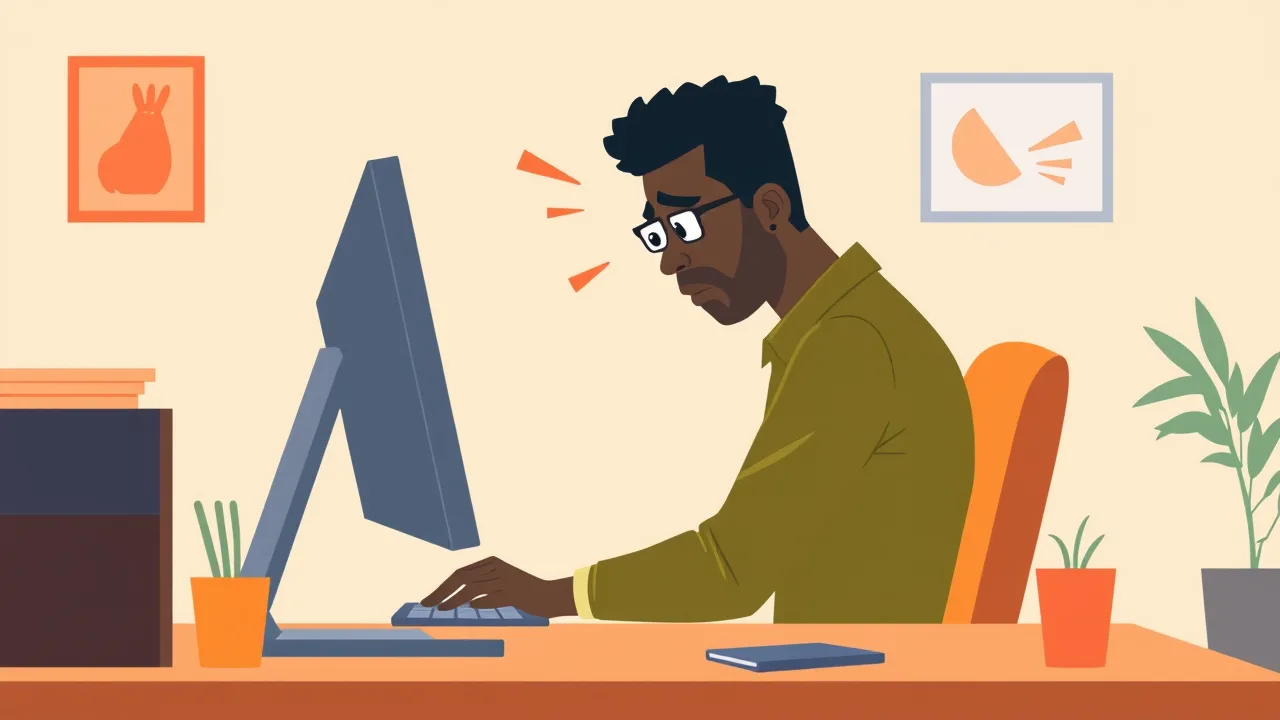 Clip-art style man sitting in front of desk and computer