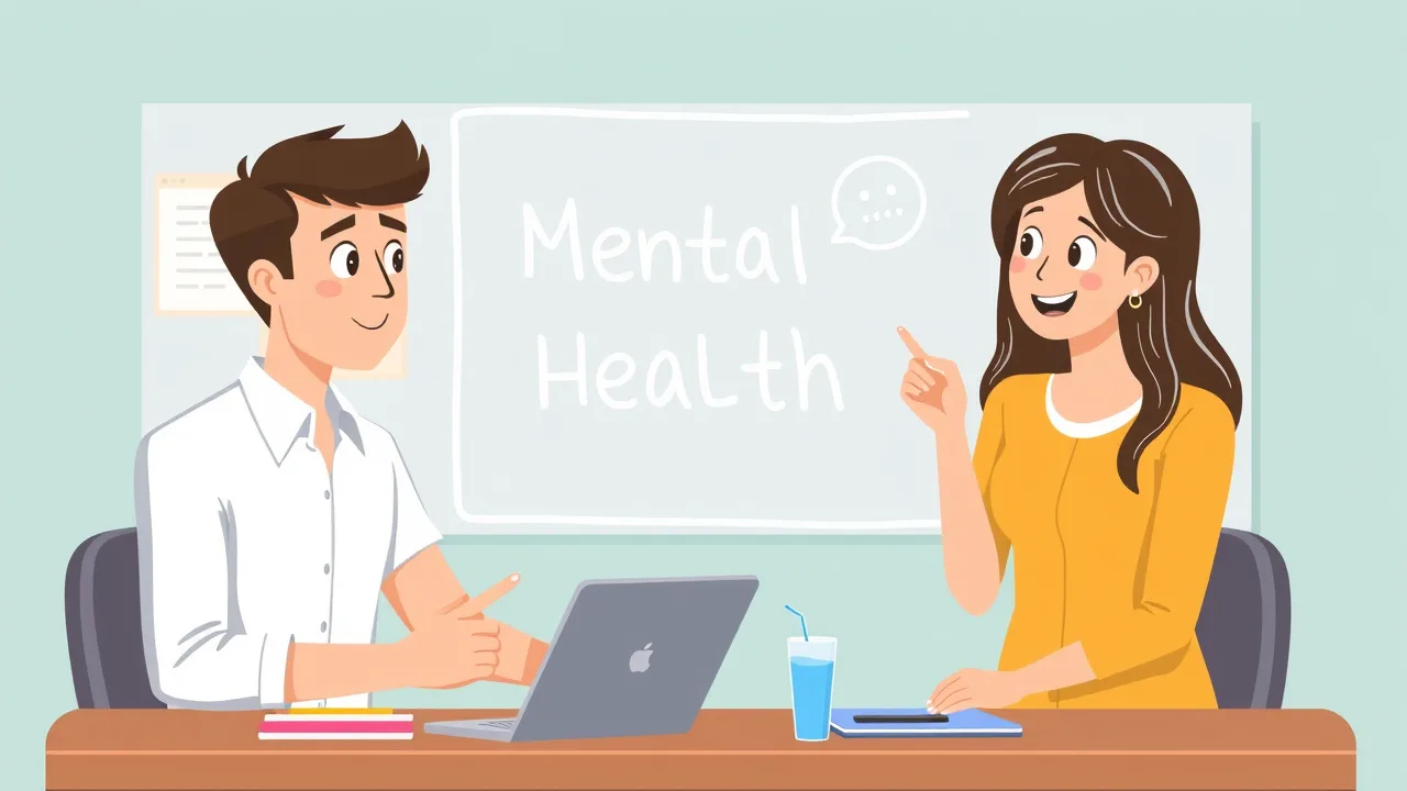 clip-art style male and female worker conversing at a desk.
