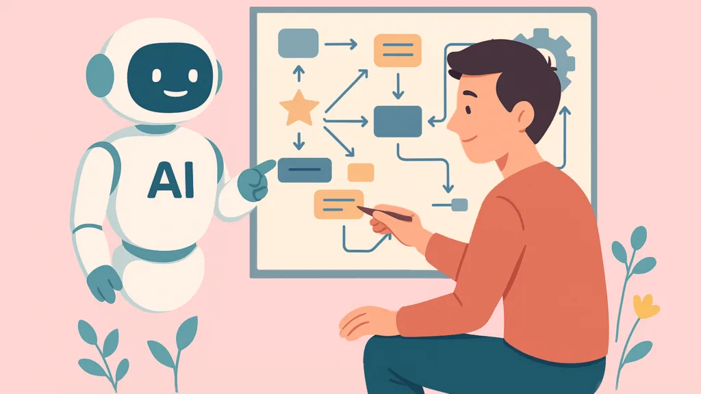 Illustration of a human instructional designer collaborating with an AI assistant in front of a whiteboard filled with flowcharts and decision paths.