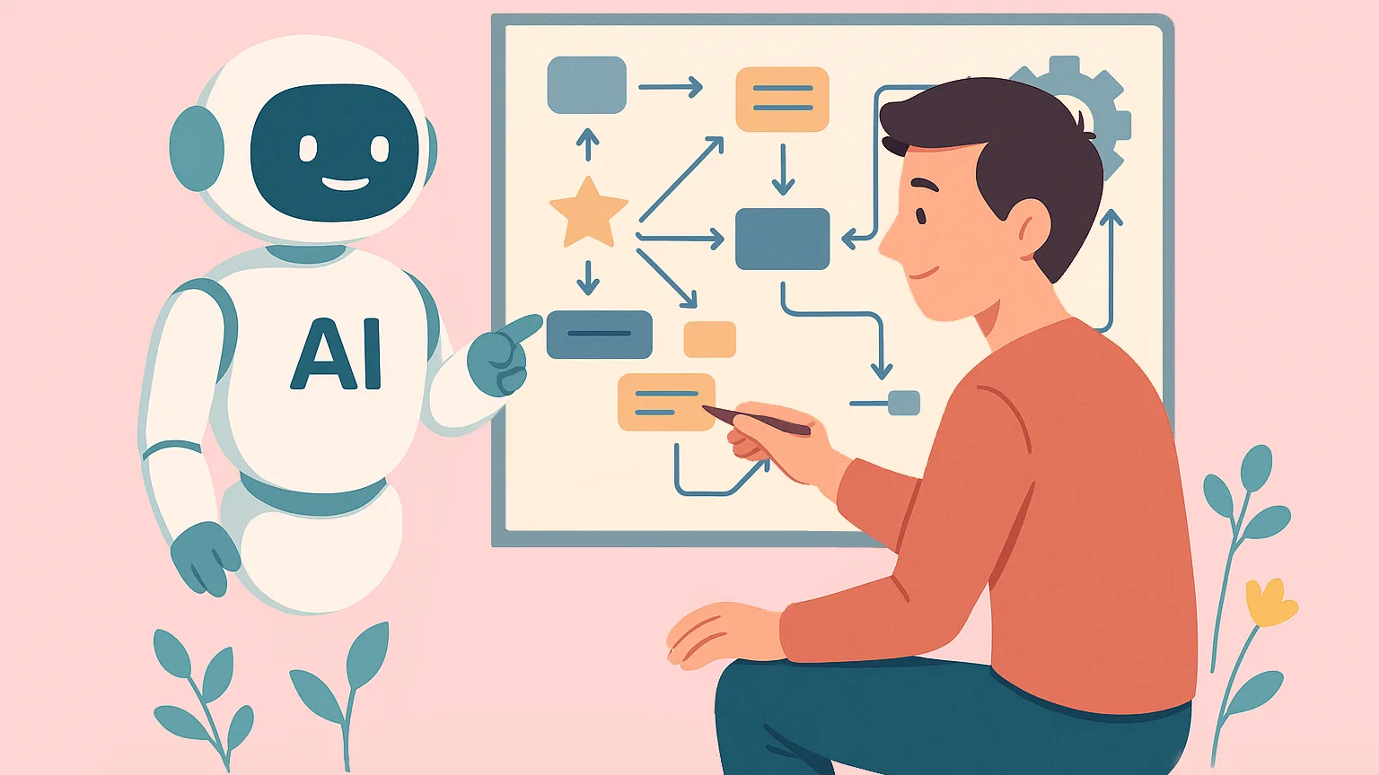 Illustration of a human instructional designer collaborating with an AI assistant in front of a whiteboard filled with flowcharts and decision paths.