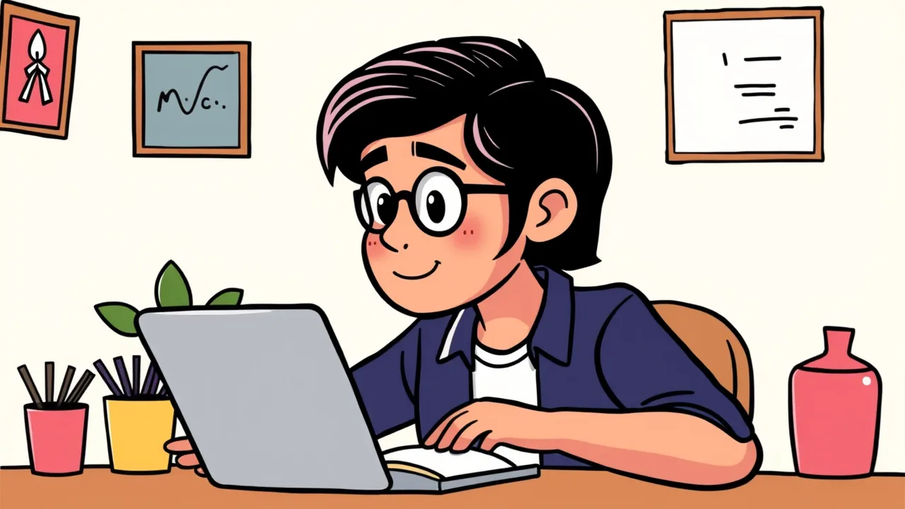 Clip-art style learner sitting in front of laptop.
