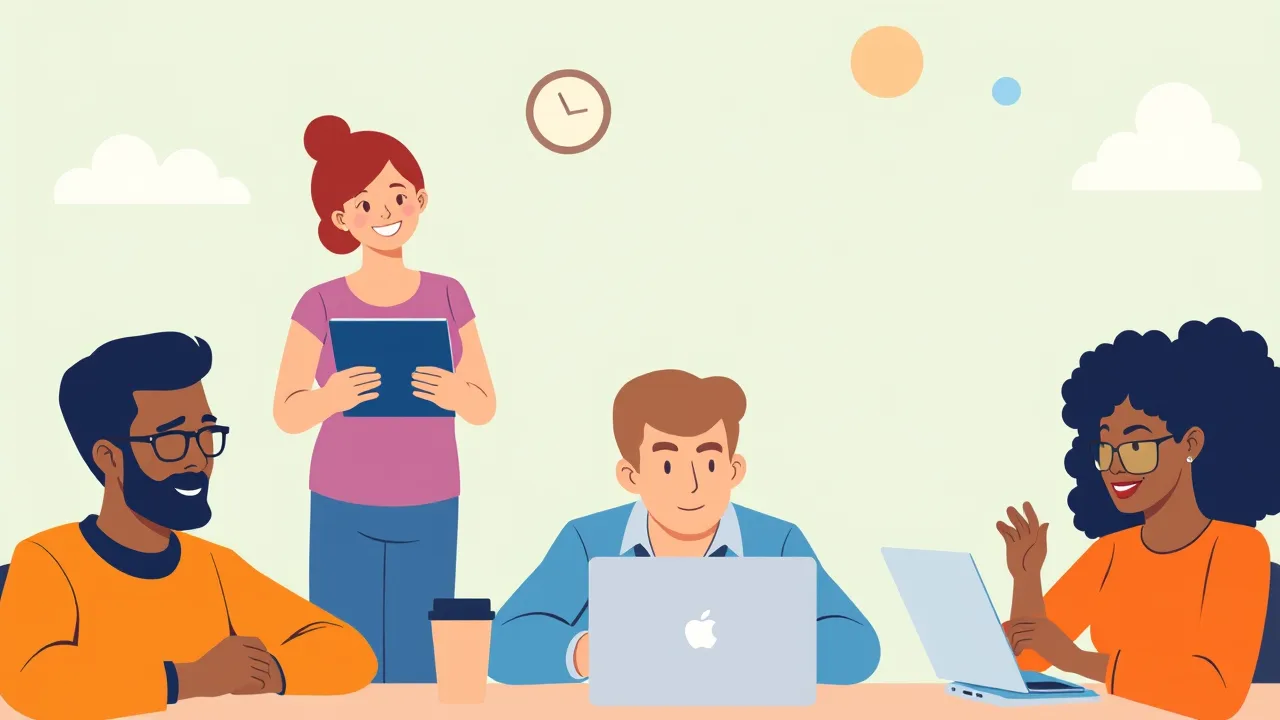 Cartoon adult learners sitting around a desk using learning tools.