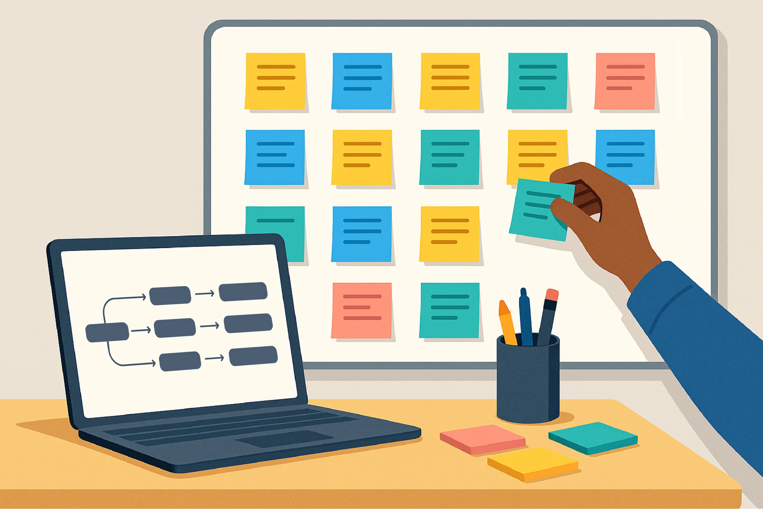 Modern workspace with a whiteboard full of color-coded sticky notes and a laptop showing a visual map of how the privacy topic connects to data analytics, marketing, and cybersecurity.