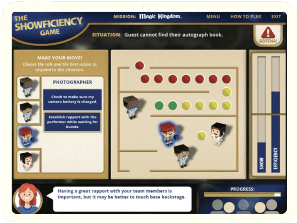 Screenshot from the Disney Showficiency game. Shows a Disney attraction queue with several animated characters.