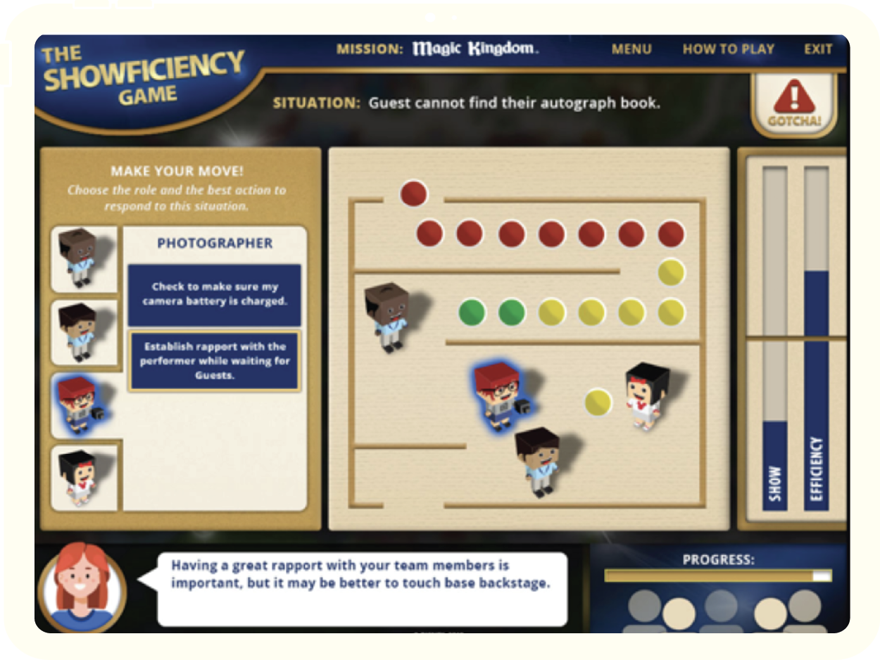 Screenshot of a training video game. Cartoon block figures, following a path, with dialogue on one side