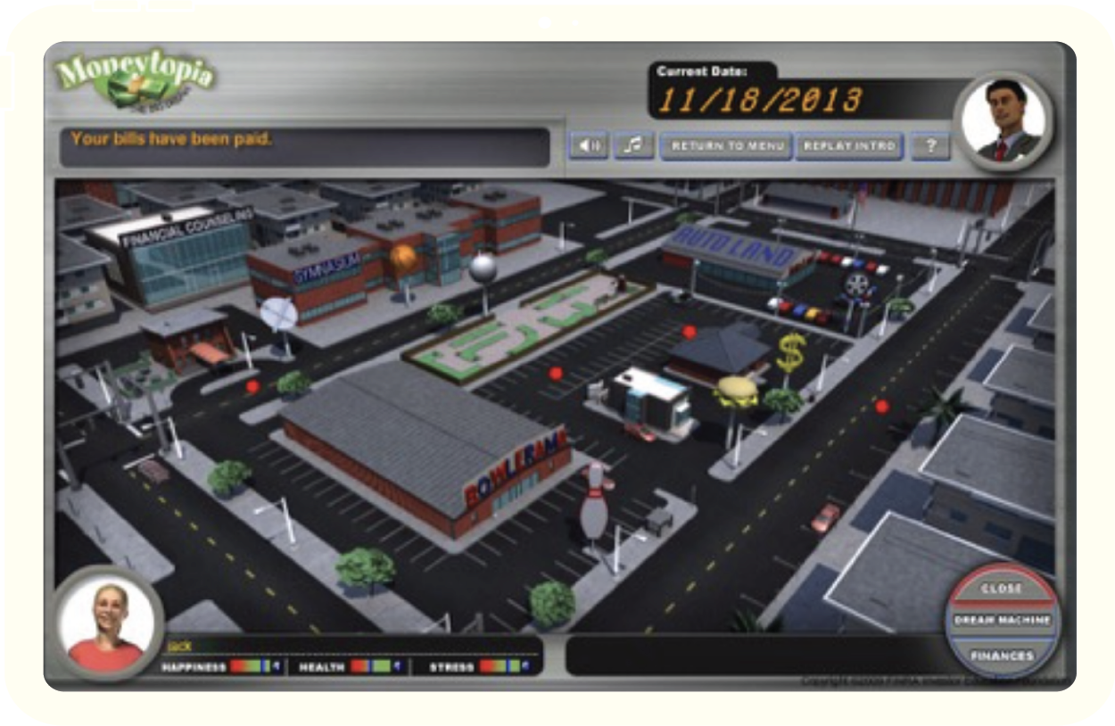 Screenshot from a training video game. A computer generated city block with streets intersecting.