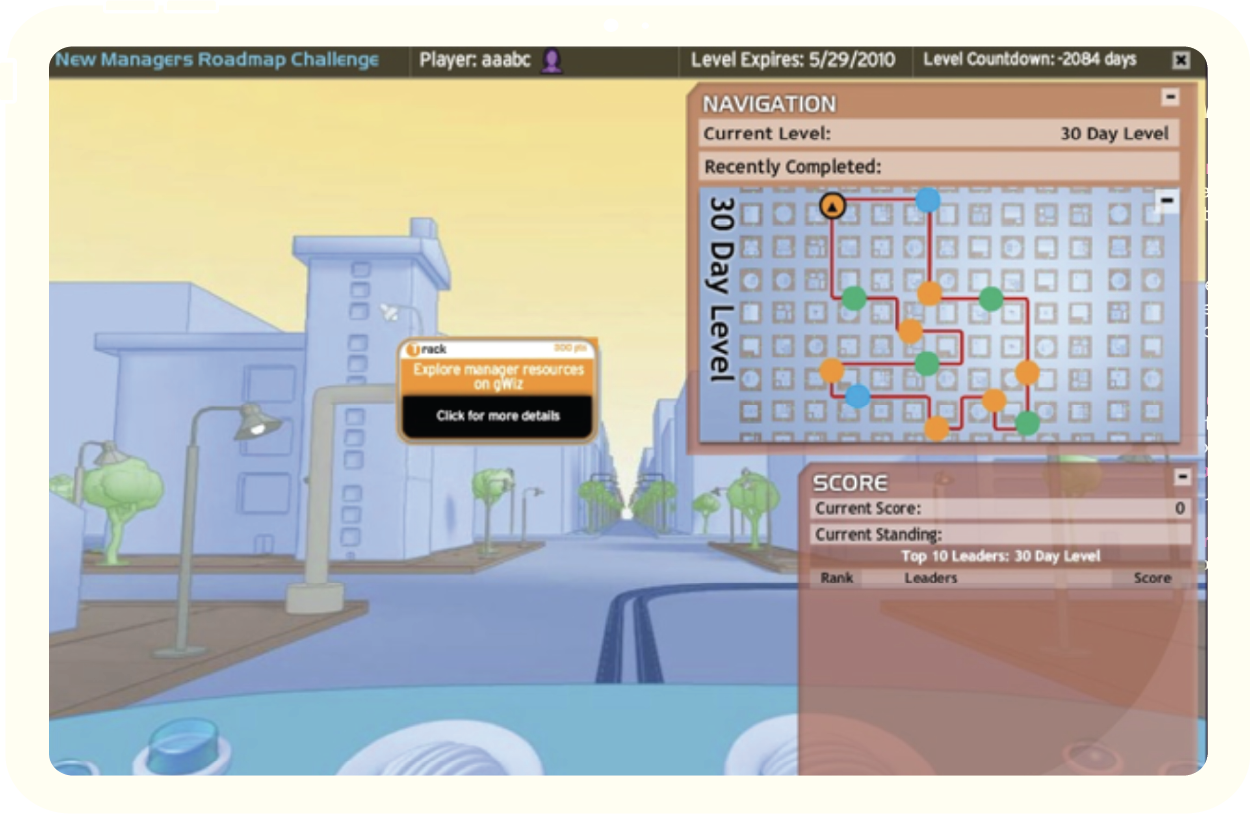 Screenshot of a training video game. Simulated GPS with arrows pointing directions down a street, and an overlay of the overall route