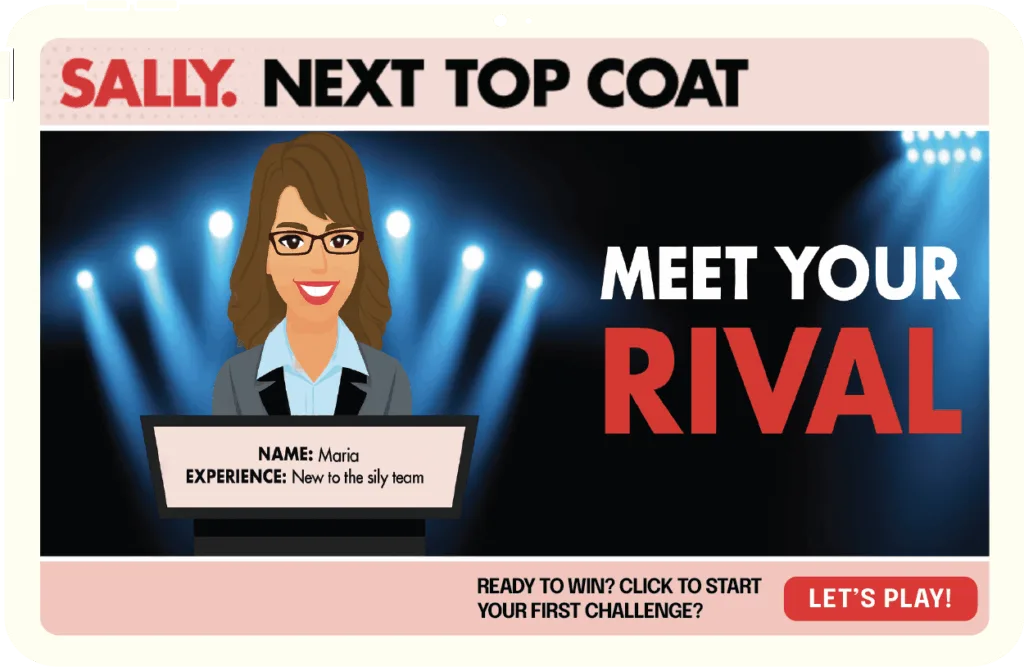 Screenshot of a training game, Sally: Next Top Coat.. A cartoon game show host, with the text: Meet your rival