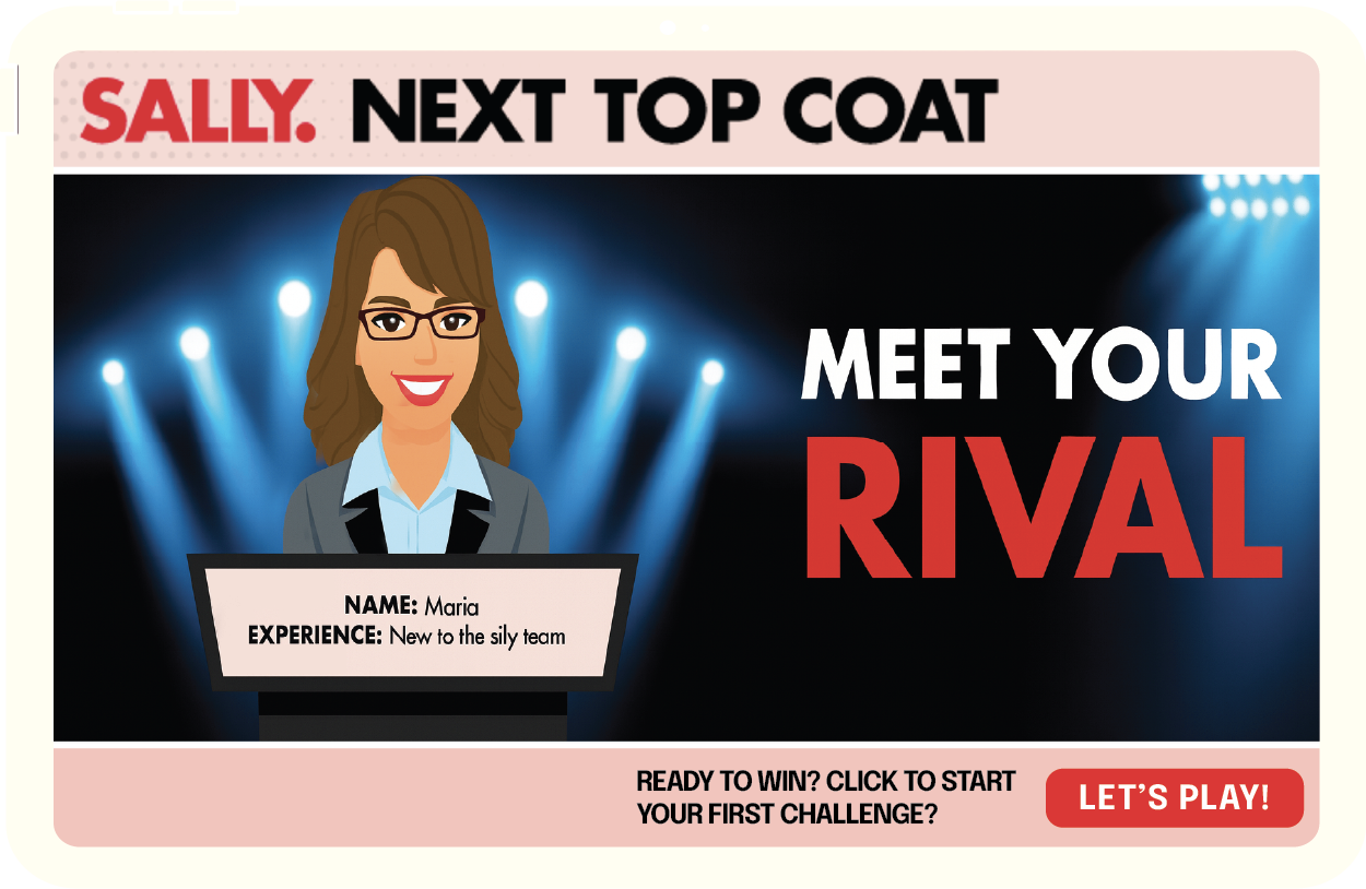 Screenshot of a training game, Sally: Next Top Coat.. A cartoon game show host, with the text: Meet your rival