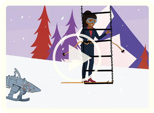 Screenshot of a video depicting a cartoon woman, wearing skis, being picked up by a helicopter ladder
