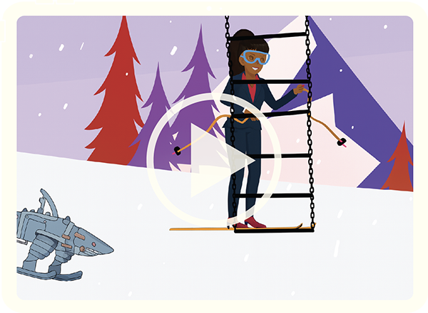 Screenshot of a video depicting a cartoon woman, wearing skis, being picked up by a helicopter ladder