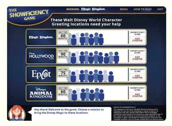 Screenshot from the Disney Showficiency game. Shows the available locations to play, with the wait time and number of customers for each.