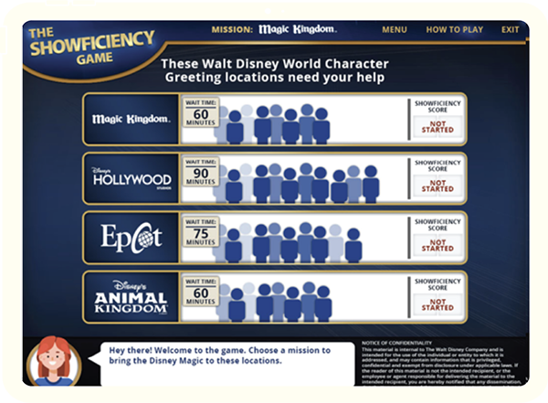 Screenshot from the Disney Showficiency game. Shows the available locations to play, with the wait time and number of customers for each.