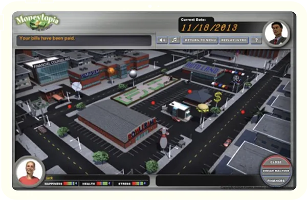 Screenshot of the FINRA Moneytopia game: A virtual city block with multiple streets and buildings.