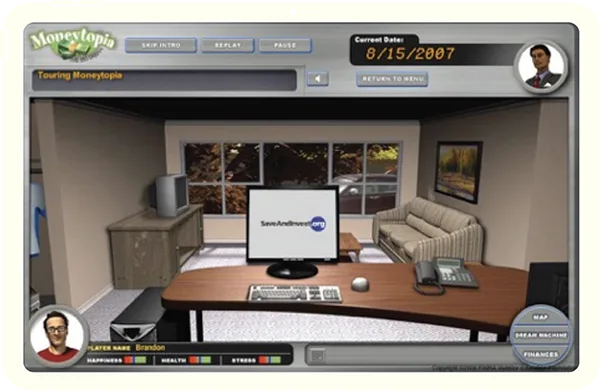 Screenshot of the FINRA Moneytopia game: A virtual desk with a computer displaying the FINRA logo