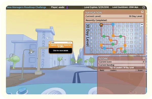 Screenshot of Apti's New managers roadmap challenge game: a GPS like display from a driver's first-person perspective