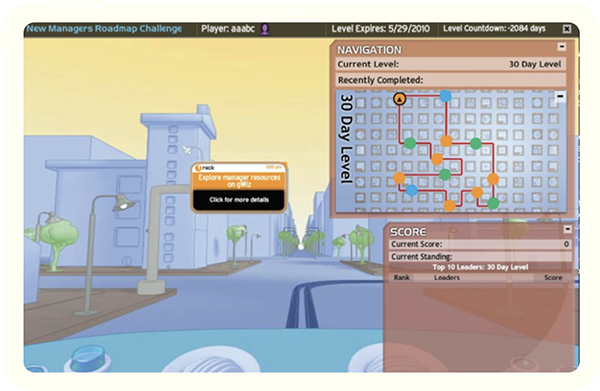 Screenshot of Apti's New managers roadmap challenge game: a GPS like display from a  driver's first-person perspective
