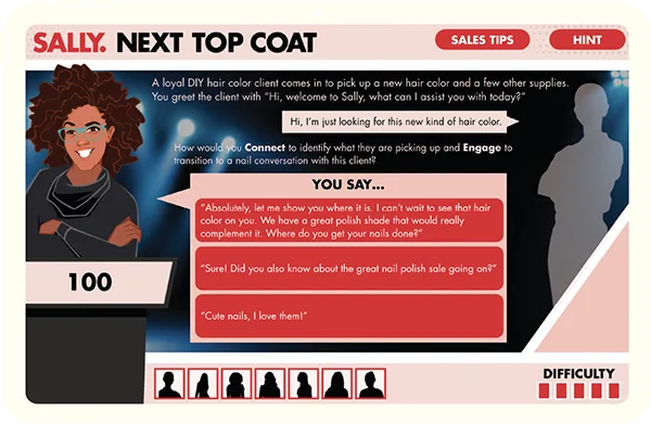 Screenshot from the Sally Beauty: Next Top Coat game. An animatedcharacter with a selection of dialogue options.